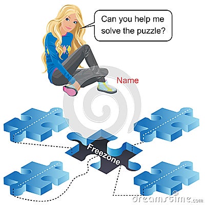 Young girl with puzzle and freezone Cartoon Illustration