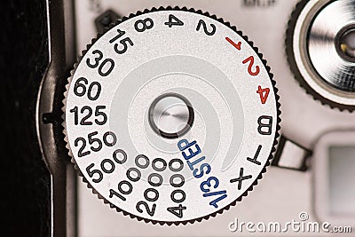 Shutter speed dial on a camera Stock Photo