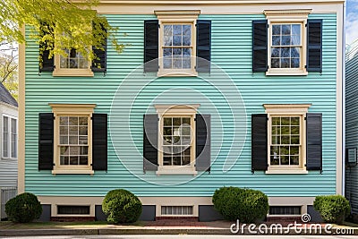 shuttered windows of the two-story colonial, close-up Stock Photo