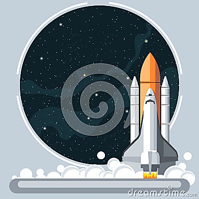 Shuttle at launch with fire and smoke and space view Vector Illustration