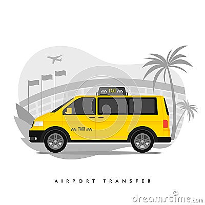 Shuttle Services Flat Vector Cartoon Illustration. Transfer. Taxi Riding on Road, Airport Building, Plane Taking Off Isolated Vector Illustration