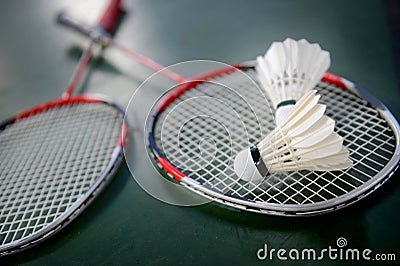 Shuttlecocks and badminton racket Stock Photo