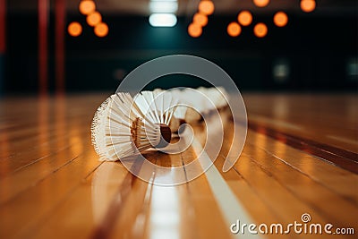 Shuttlecocks neatly placed on the polished wooden surface of a sports hall Stock Photo