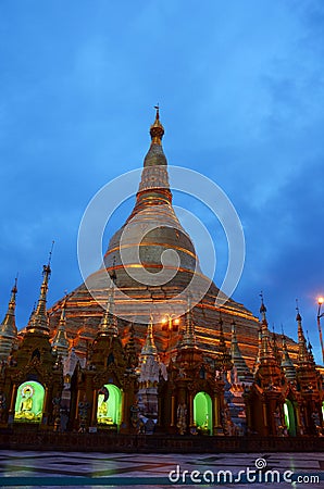 Shwedagon Pagoda or Great Dagon Pagoda at night time located in Yangon, Burma. Stock Photo