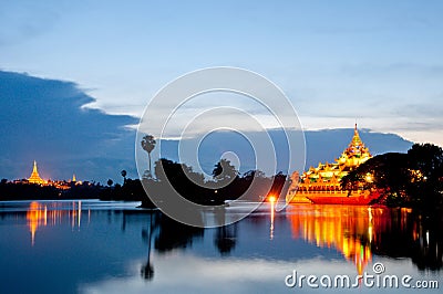 Shwedagon Pagoda and Karaweik Palace Stock Photo