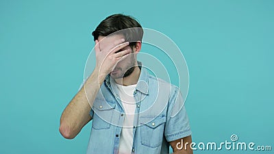 Shy Confused Guy in Jeans Shirt Covering Eyes with Hands and Peeking ...