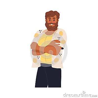 Shy confused smiling man blushing. Nice ashamed embarrassed modest guy with red cheeks, arms crossed, embarrassment Vector Illustration