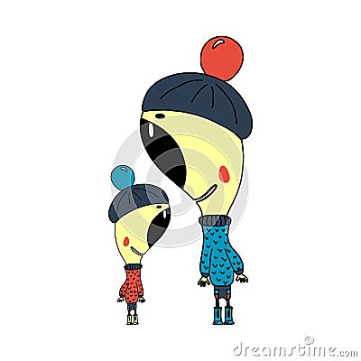 Shy cute cartoon caracter. funny Doodle characters in funny hats with pompoms. Great for baby prints and clothes Stock Photo