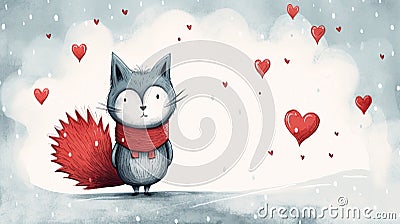 shy gray cat against the background of slushy weather with hearts in the air, postcard, copy space Cartoon Illustration