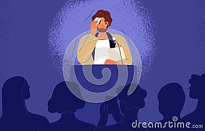 Shy man sweating, feeling fear and anxiety during public speaking. Nervous stressed speaker behind tribune. Fright of Vector Illustration