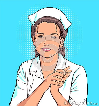 Shy nurse woman in white coat Vector Illustration