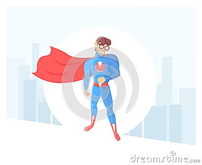 Shy superhero, nerd, in a raincoat and glasses against the background of the city. Modern vector illustration in minimalist style. Vector Illustration