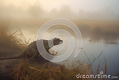 A shy water dinosaur meandering through the foggy marshes that it calls home.. AI generation Stock Photo