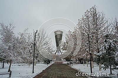 SHYMKENT, KAZAKHSTAN - DECEMBER 09, 2023: Monument Altyn Shanyrak in Independence Park in Shymkent city in Kazakhstan in Editorial Stock Photo