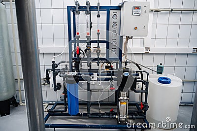 SHYMKENT, KAZAKHSTAN - JANUARY 30, 2023: Reverse osmosis system for water purification and filtration at beer production Editorial Stock Photo