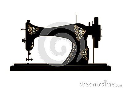 Tailor vector logo. Sewing machine logo template. Fashion logo. Old Vintage Sewing machine with retro floral golden decorations Vector Illustration