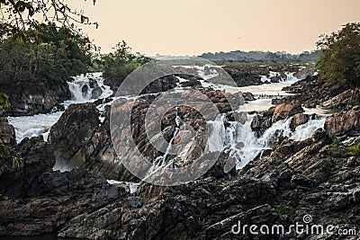 The Tat Somphamit Waterfall at sundown, Don Khon, Si Phan Don, Champasak Province, Laos Stock Photo