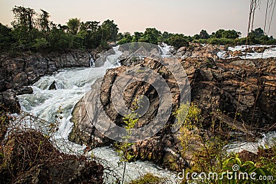 The Tat Somphamit Waterfall at sundown, Don Khon, Si Phan Don, Champasak Province, Laos Stock Photo