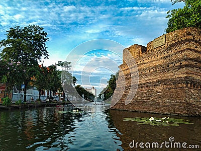 Si Phum corner and the moat with morning blue sky in Chiang Mai, Thailand. Editorial Stock Photo