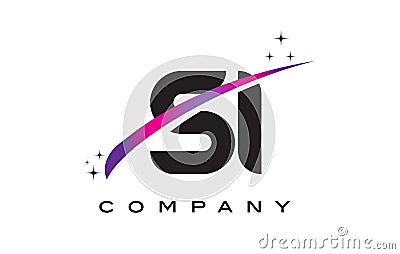 SI S I Black Letter Logo Design with Purple Magenta Swoosh Vector Illustration