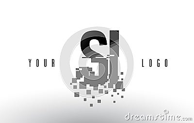 SI S I Pixel Letter Logo with Digital Shattered Black Squares Vector Illustration