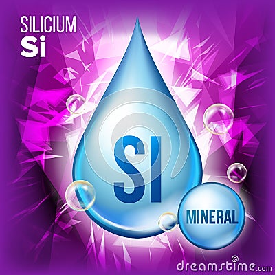 Si Silicium Vector. Mineral Blue Drop Icon. Vitamin Liquid Droplet Icon. Substance For Beauty, Cosmetic, Heath Promo Ads Vector Illustration