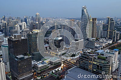 Siam and Sukhumvit buildings at twilight in Bangkok Editorial Stock Photo