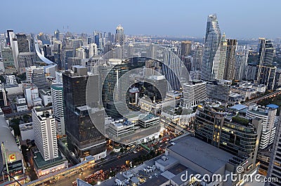 Siam and Sukhumvit buildings at twilight in Bangkok Editorial Stock Photo