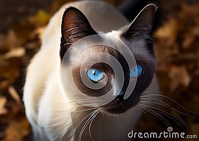 Graceful Siamese Cat with Blue Eyes Standing Among Dry Leaves Stock Photo