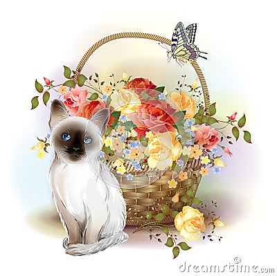 Siamese kitten, butterfly and roses Vector Illustration