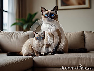 A Siamese purebred cat and kitten kitty sit side by side Stock Photo