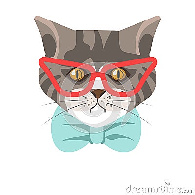 Siberian cat with red glasses and blue tie portrait Vector Illustration