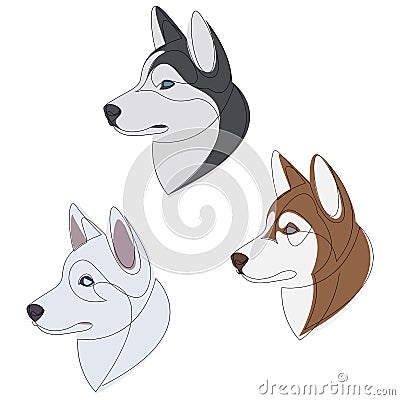 Siberian different husky colors set. Dog portrait collection. Dog continuous line drawing. Vector illustration Vector Illustration