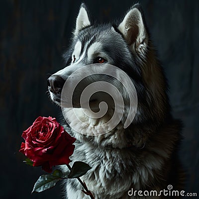 A Siberian Husky dog,with roses, smiling, happy expression,cute, bring ,Red rose,Valentine's Day,background,Generated AI Stock Photo