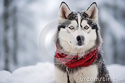 A Siberian Husky dog in a snowy winter forest Stock Photo