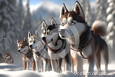 Siberian husky dogs in winter forest, 3d render Stock Photo