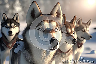 Siberian husky dogs in the winter forest. 3D rendering Stock Photo