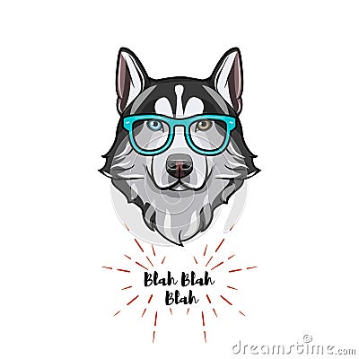 Siberian Husky geek. Smart glasses. Dog nerd. Husky portrait. Vector. Vector Illustration