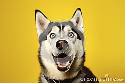 Siberian Husky with open mouth on yellow background Stock Photo