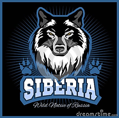 Siberian Wolf - a wolf head on the black background. Russian Siberia - vector emblem. Vector Illustration