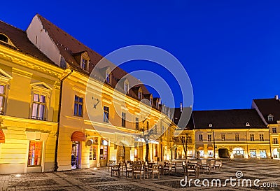 Sibiu, night in Large Square, Transylvania Stock Photo