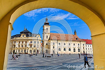 Sibiu, Romania. Large Square and City Hall. Editorial Stock Photo