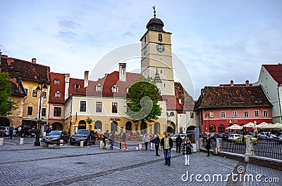 The Sf. Treime Holy Trinity Roman Catholic Church view from Piata Mare street, Sibiu, Romania Editorial Stock Photo