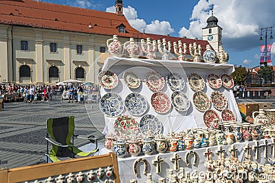 Sibiu, Romania: Pottery fair in the central big square Editorial Stock Photo