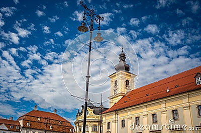 Sibiu, Romania - September 16 2022: Large Square (Piata Mare) with the City Hall and Brukenthal palace in Editorial Stock Photo