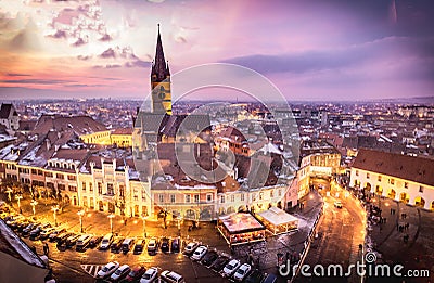 Sibiu, Transylvania, Romania central square at sunset Stock Photo