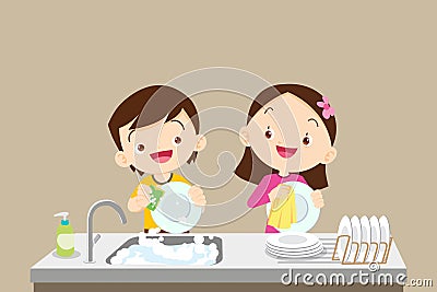 Siblings washing dishes together Vector Illustration