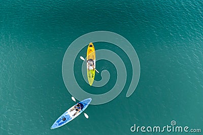 Unidentified two men on sea Kayaker Aerial View during sunset. Editorial Stock Photo