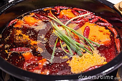 Sichuan boiling hotpot with chili pepper in Chengdu Stock Photo