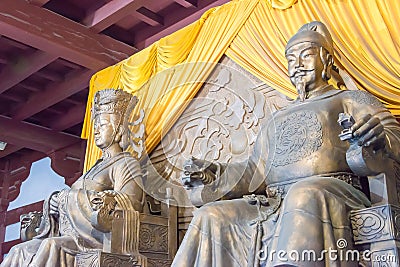 Statues of Empress Wu Zetian and Emperor Gaozong at Huangze Temple. a famous historic site in Guangyuan, Sichuan, China. Stock Photo